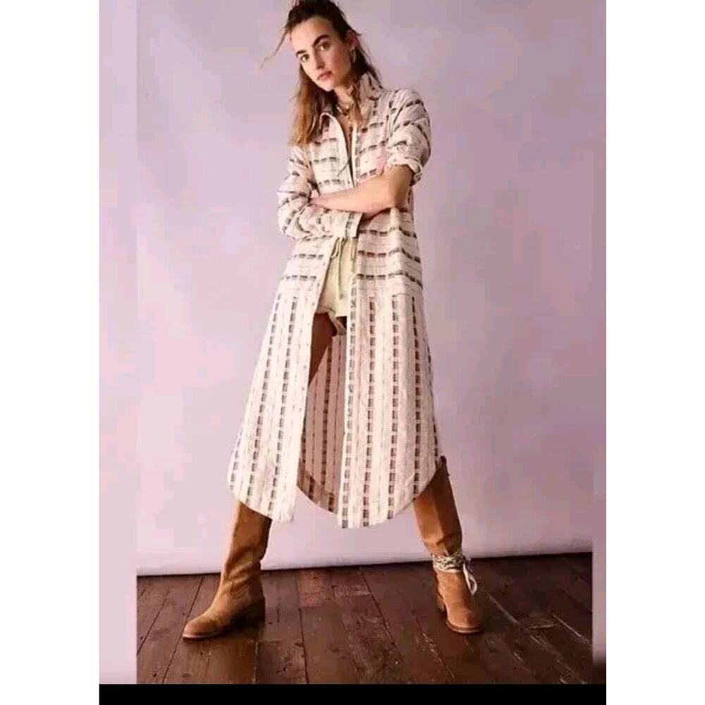 Free People Cream Striped Maxi Shirt Dress
